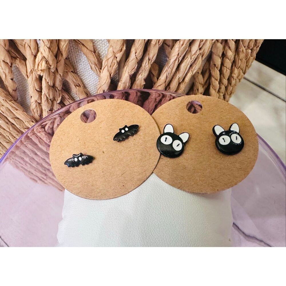 Halloween The Creepy Life Black Cat & Bat Earring Stud Set New
